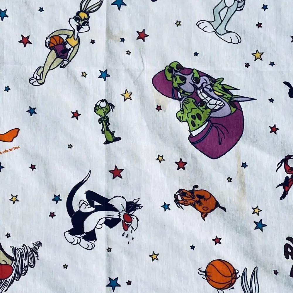 2 vtg 90s Space Jam Looney Tunes Flat Sheet Bugs Bunny Daffy Lola Taz curtains